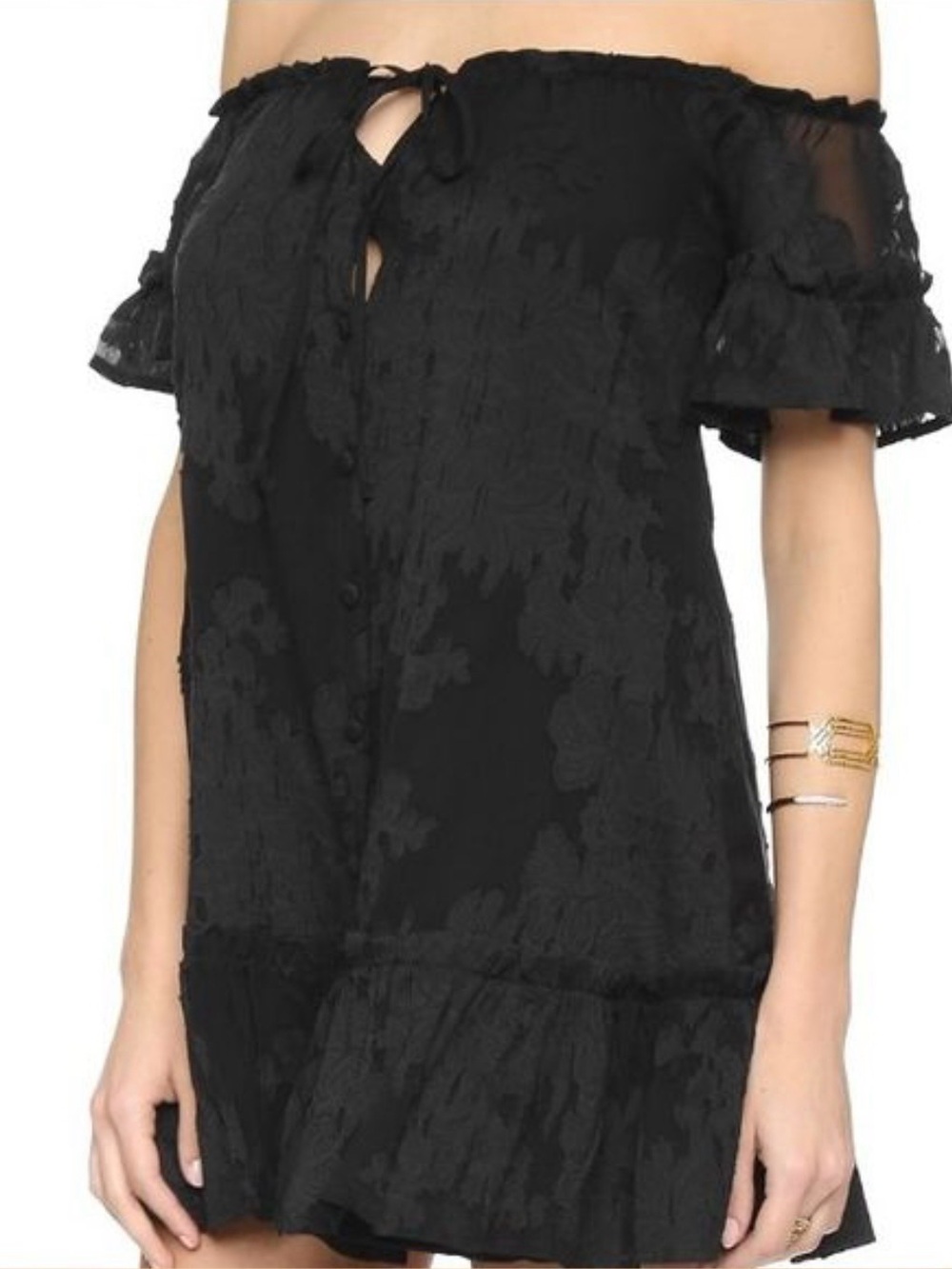 Vintage 90s For Love & Lemons Black Off-Shoulder Floral Textured Mini Dress